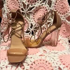 Aldo Nude Lace-Up Heeled Sandals with Clear Block Heel